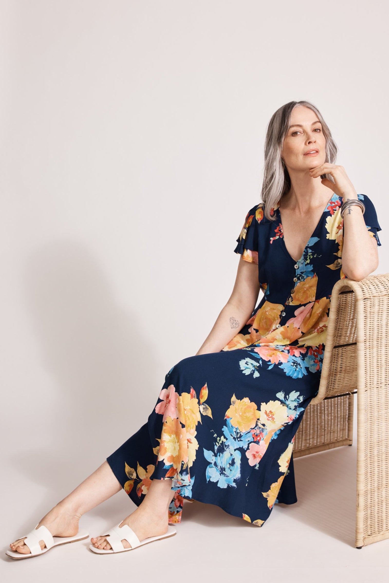 Parisio Button Midi Dress - Indigo Bloom