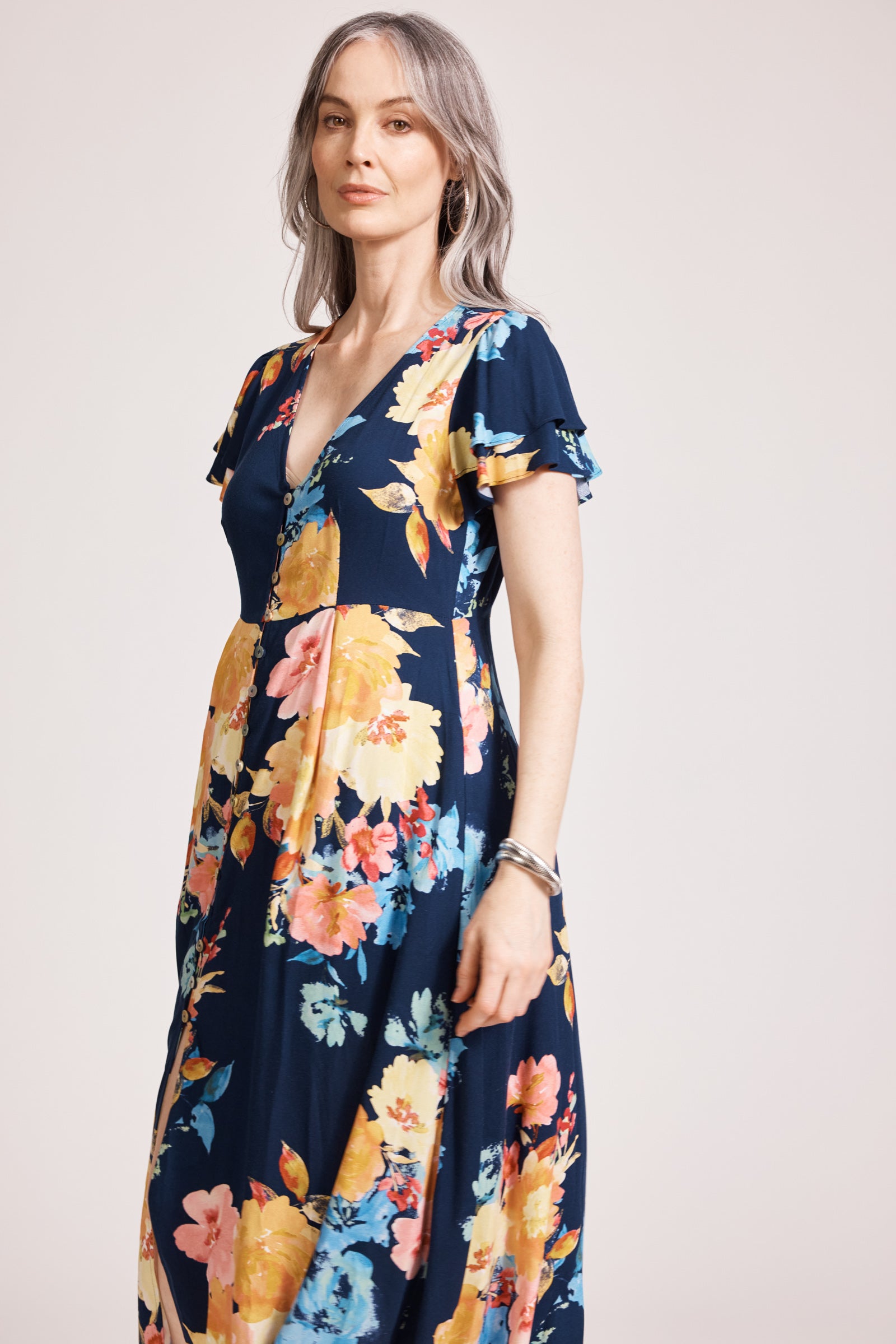Parisio Button Midi Dress - Indigo Bloom