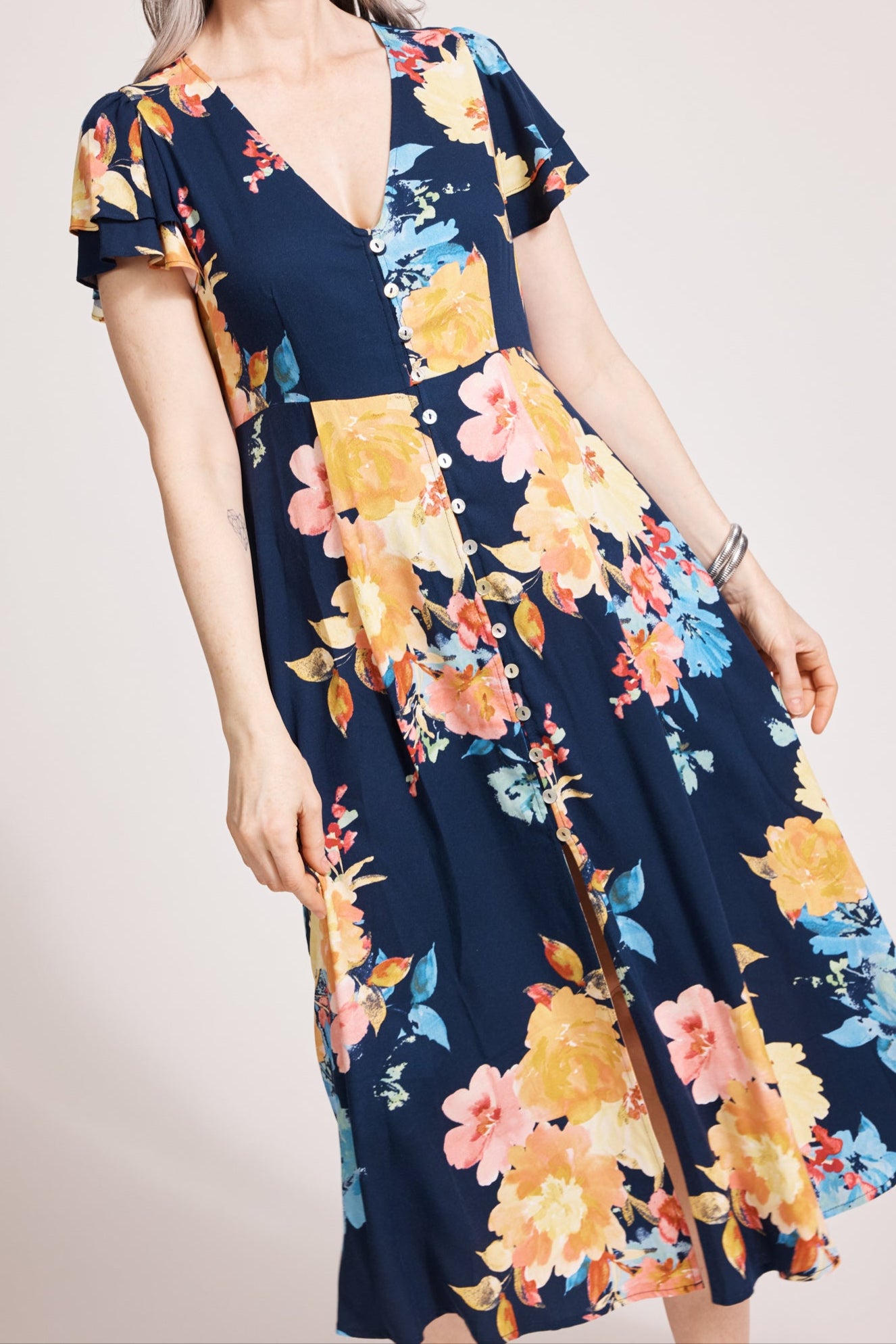 Parisio Button Midi Dress - Indigo Bloom