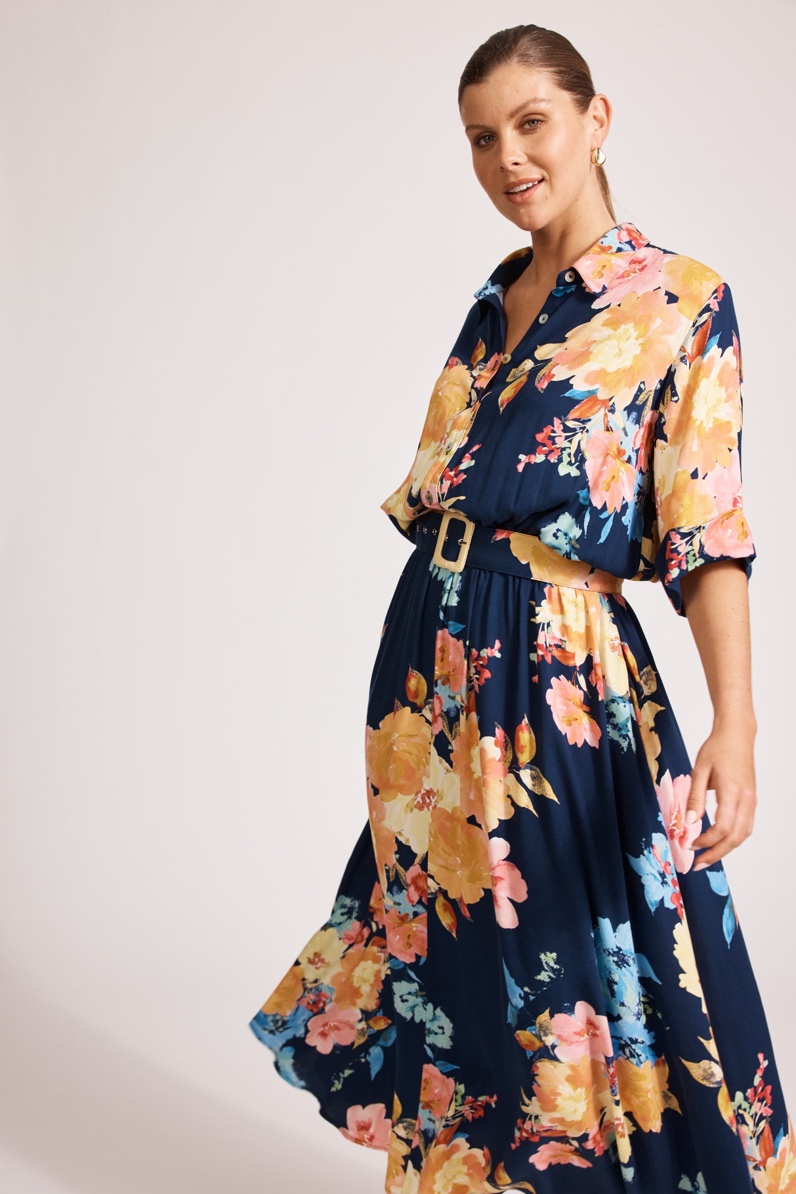 Parisio Belt Shirt Dress - Indigo Bloom
