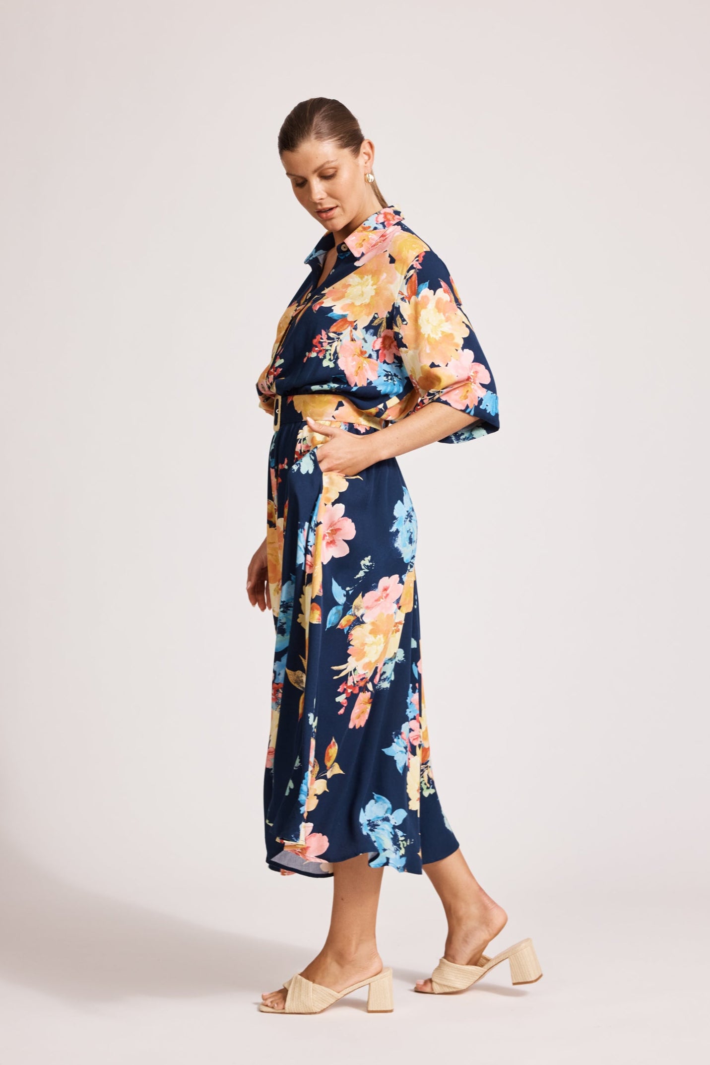Parisio Belt Shirt Dress - Indigo Bloom