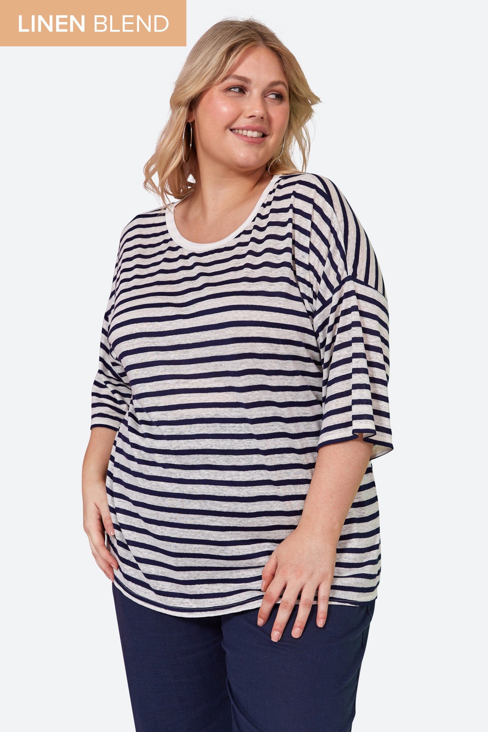 Intrepid Stripe Tshirt - Sapphire - eb&ive Clothing - Top Tshirt 3/4 Sleeve Linen