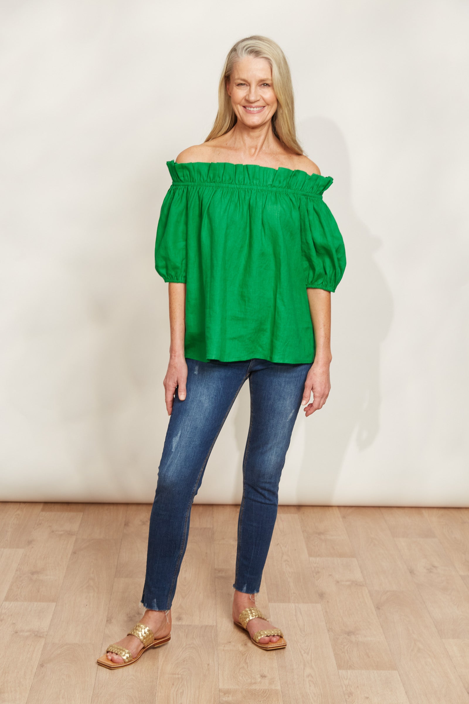 Halcyon Ruched Top - Emerald - eb&ive Clothing - Top Cap Sleeve Linen