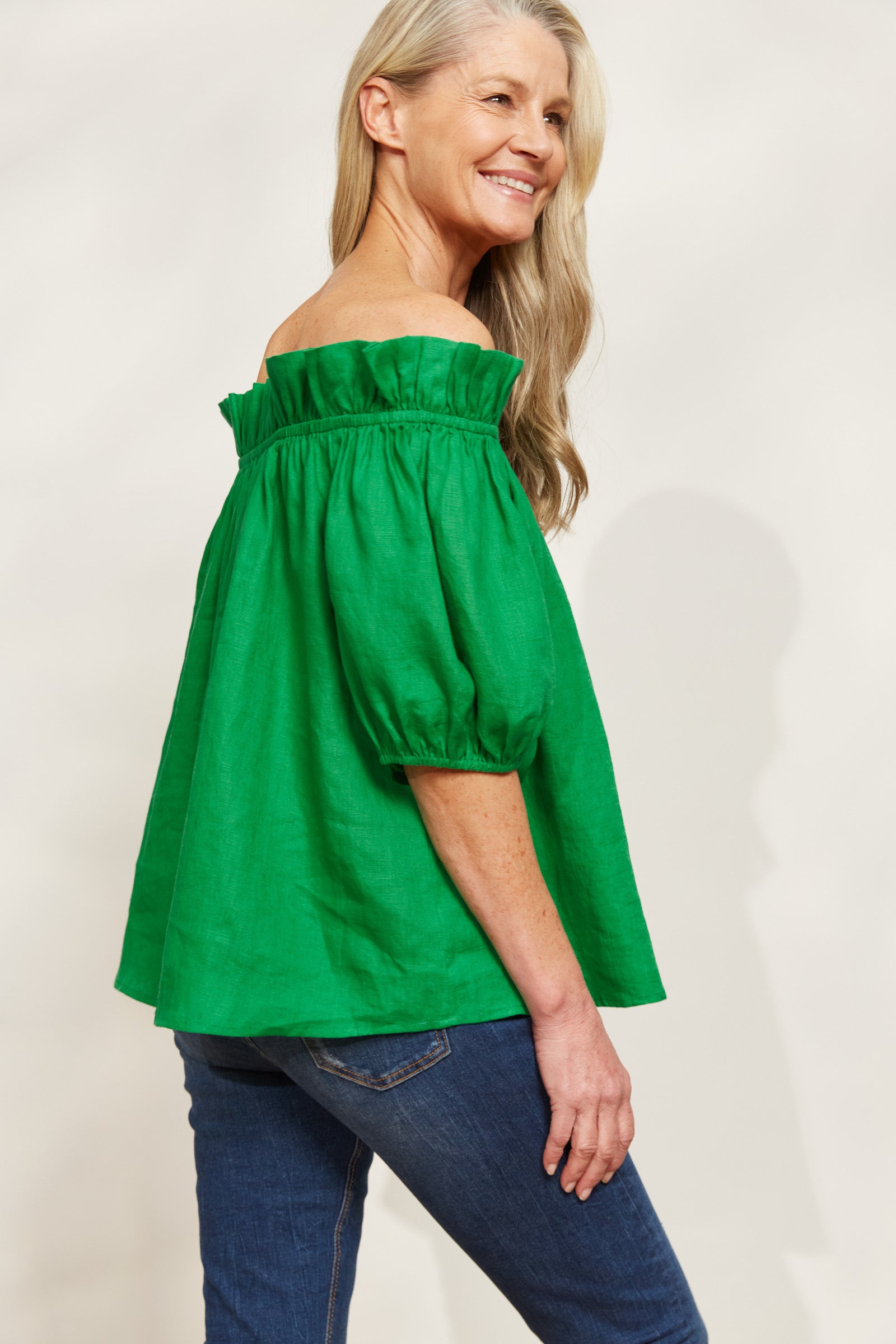 Halcyon Ruched Top - Emerald - eb&ive Clothing - Top Cap Sleeve Linen