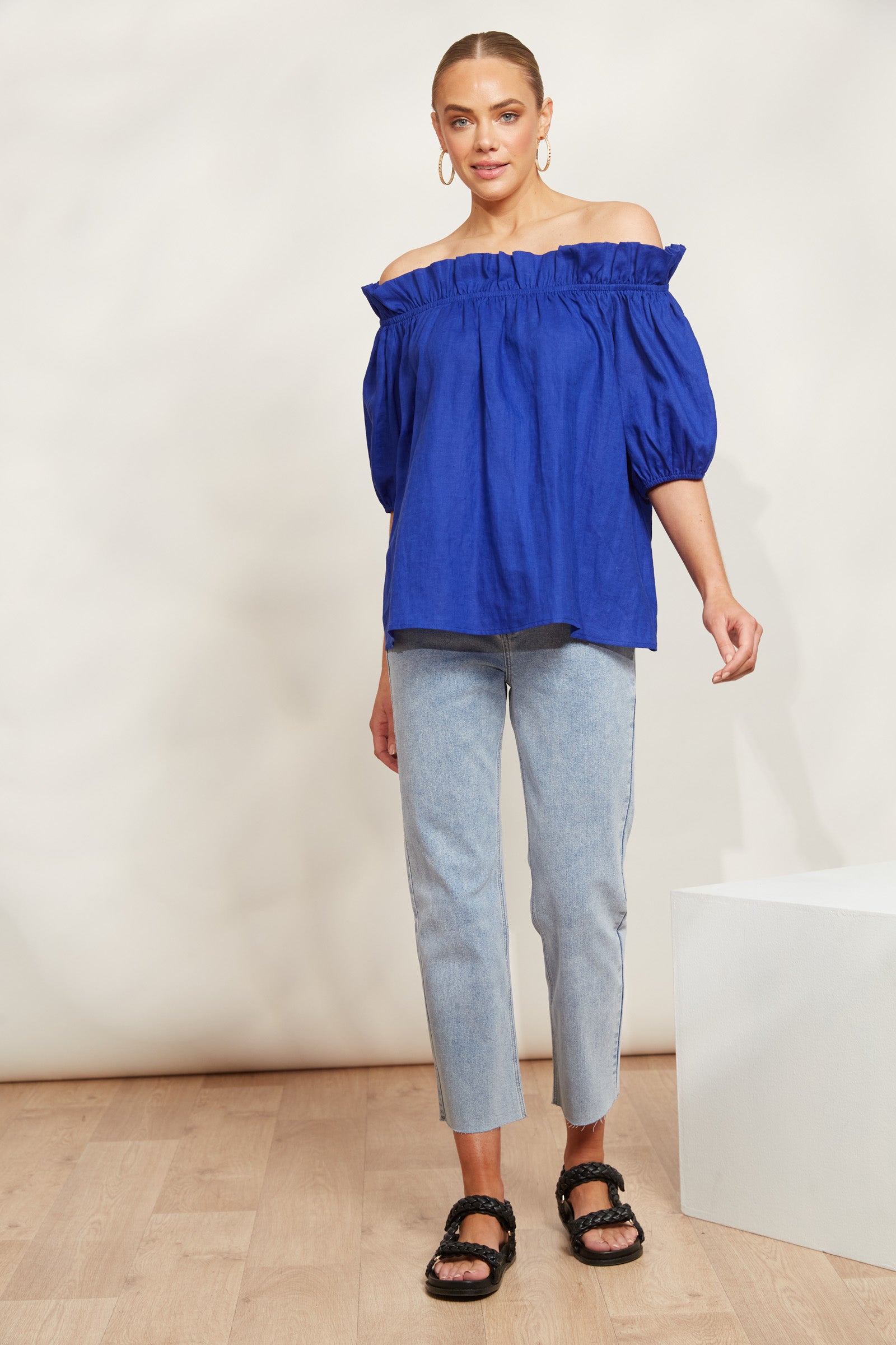 Halcyon Ruched Top - Cobalt - eb&ive Clothing - Top Cap Sleeve Linen