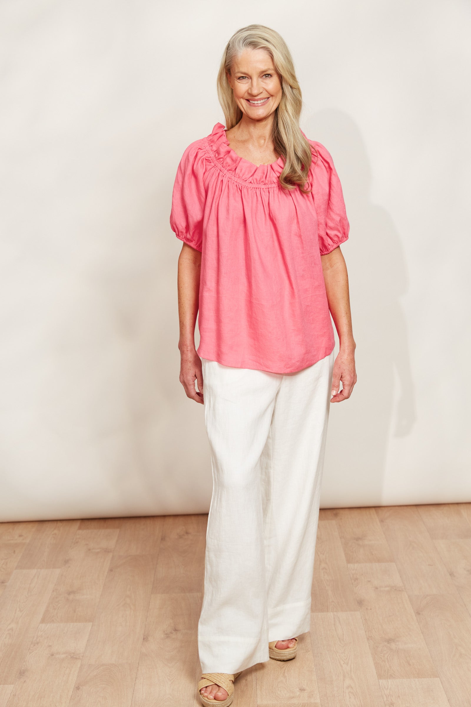 Halcyon Ruched Top - Musk - eb&ive Clothing - Top Cap Sleeve Linen