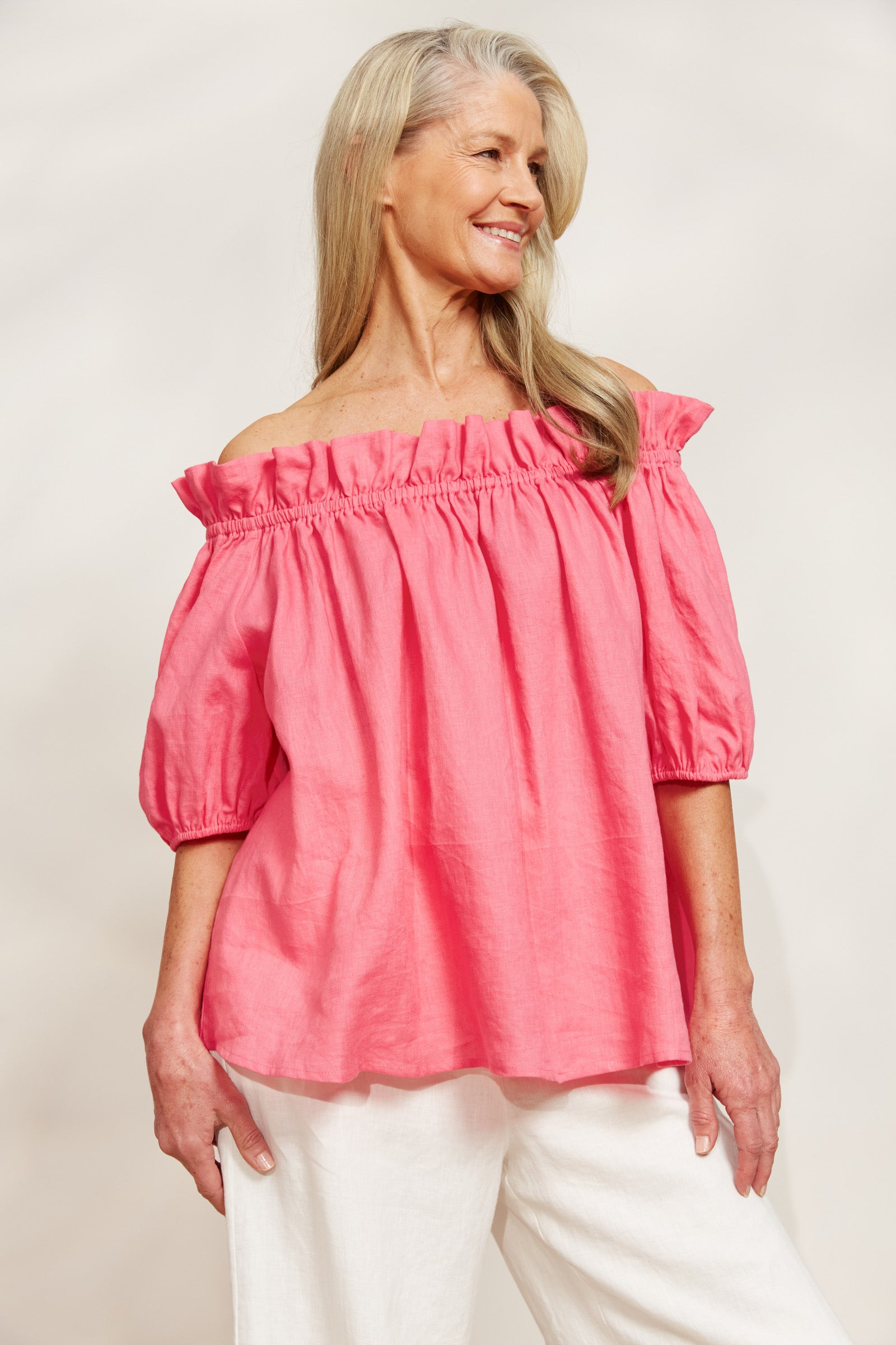 Halcyon Ruched Top - Musk - eb&ive Clothing - Top Cap Sleeve Linen