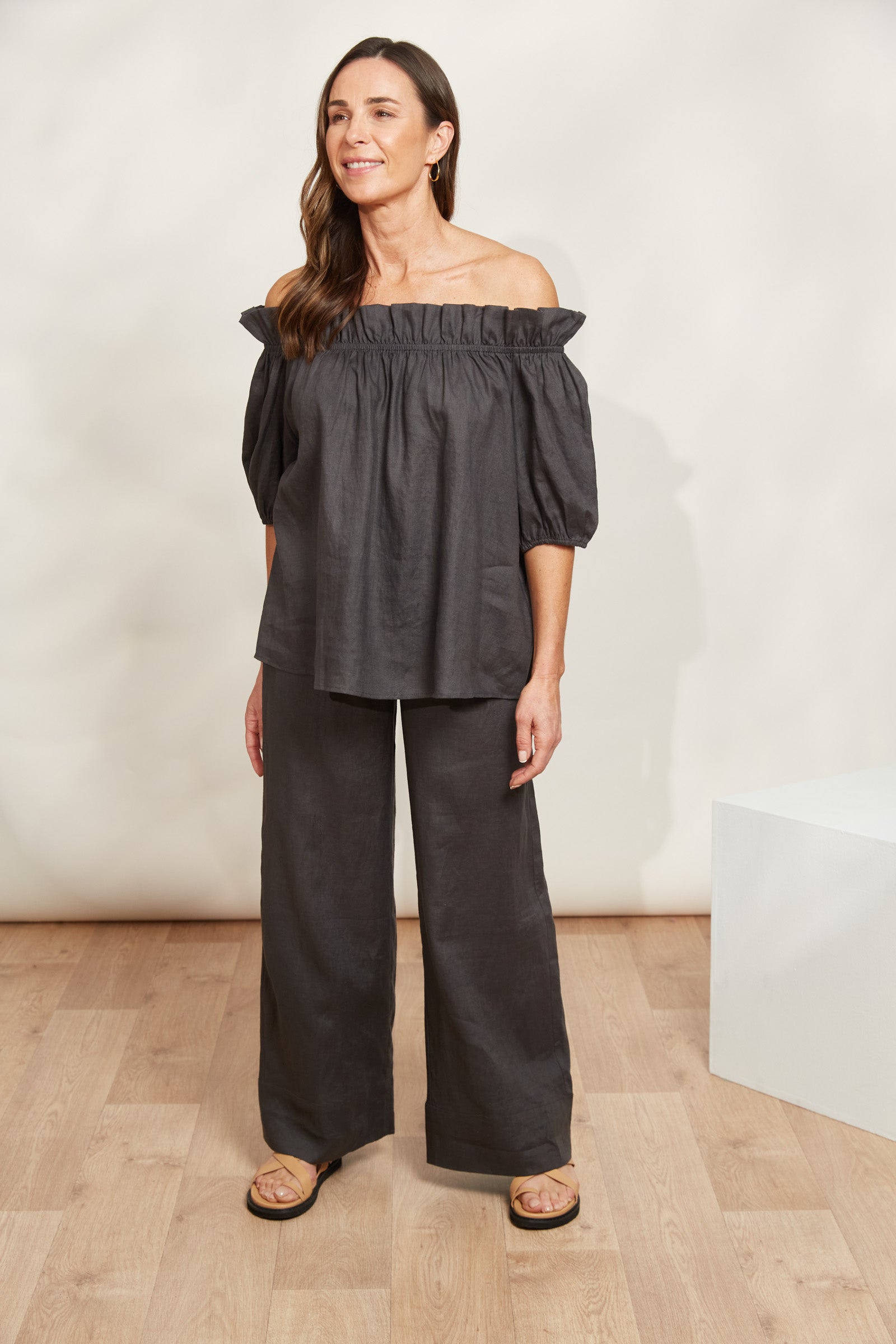 Halcyon Ruched Top - Oyster - eb&ive Clothing - Top Cap Sleeve Linen