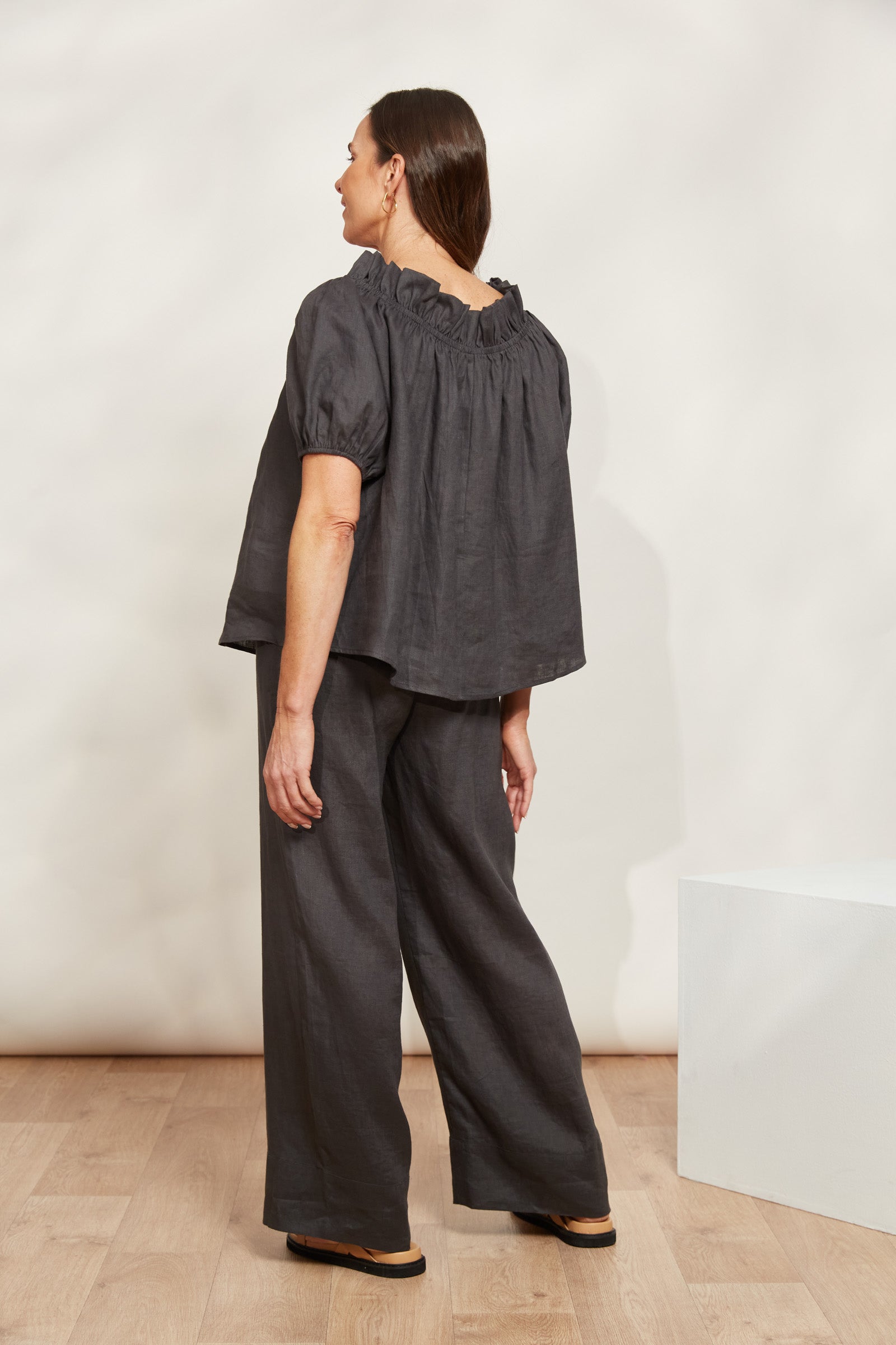 Halcyon Ruched Top - Oyster - eb&ive Clothing - Top Cap Sleeve Linen