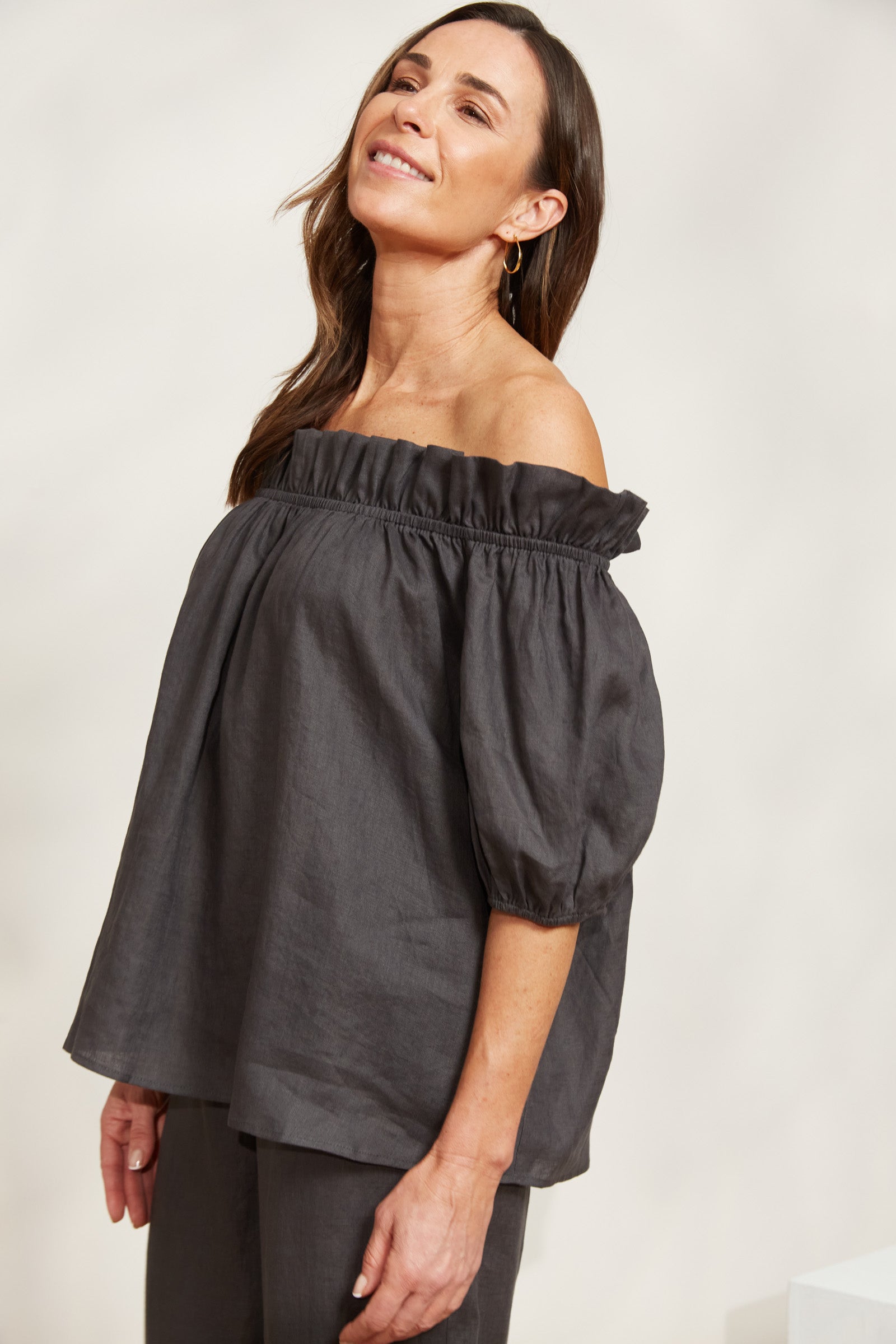 Halcyon Ruched Top - Oyster - eb&ive Clothing - Top Cap Sleeve Linen