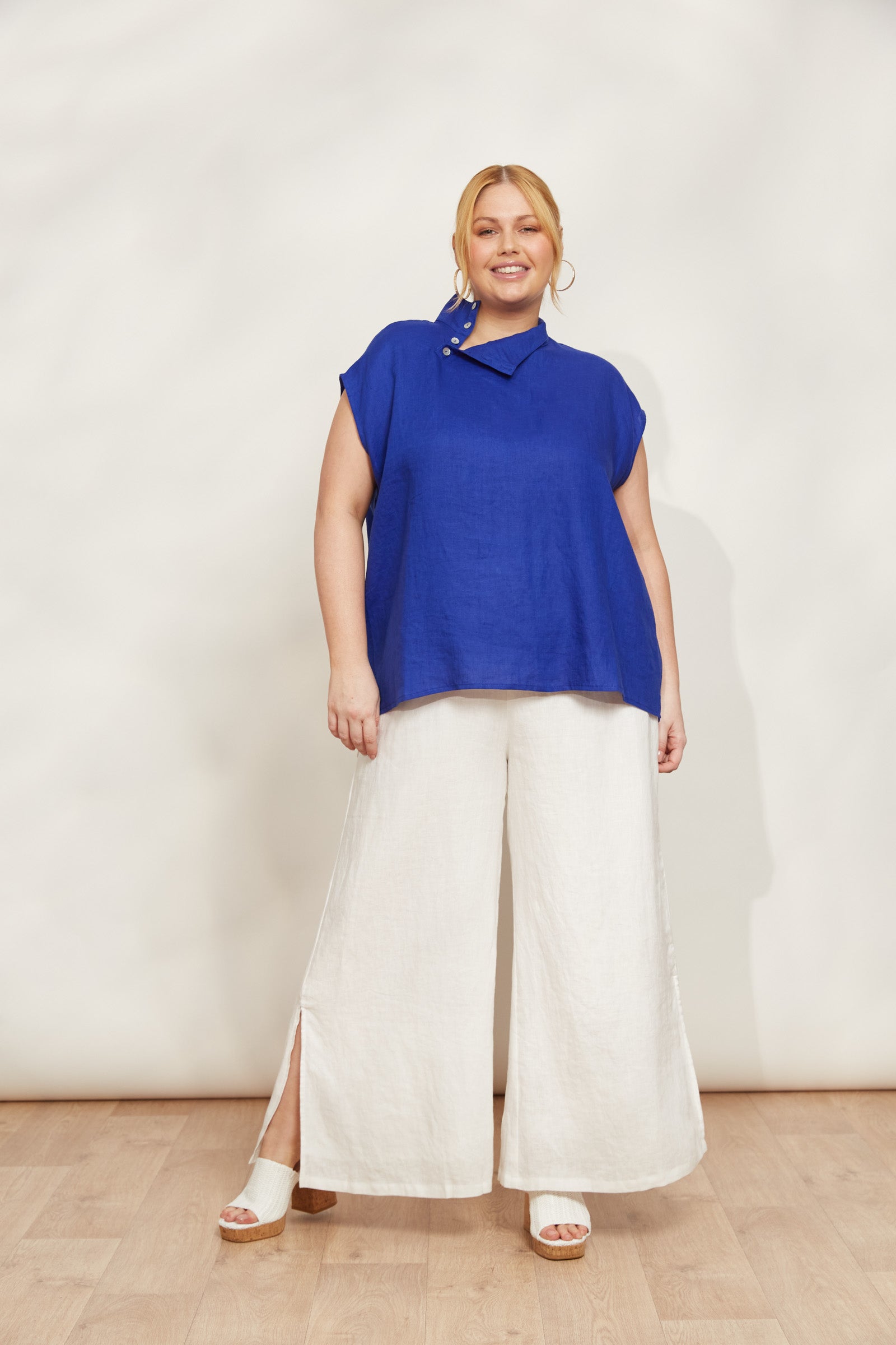 Halcyon Button Top - Cobalt - eb&ive Clothing - Top Sleeveless Linen