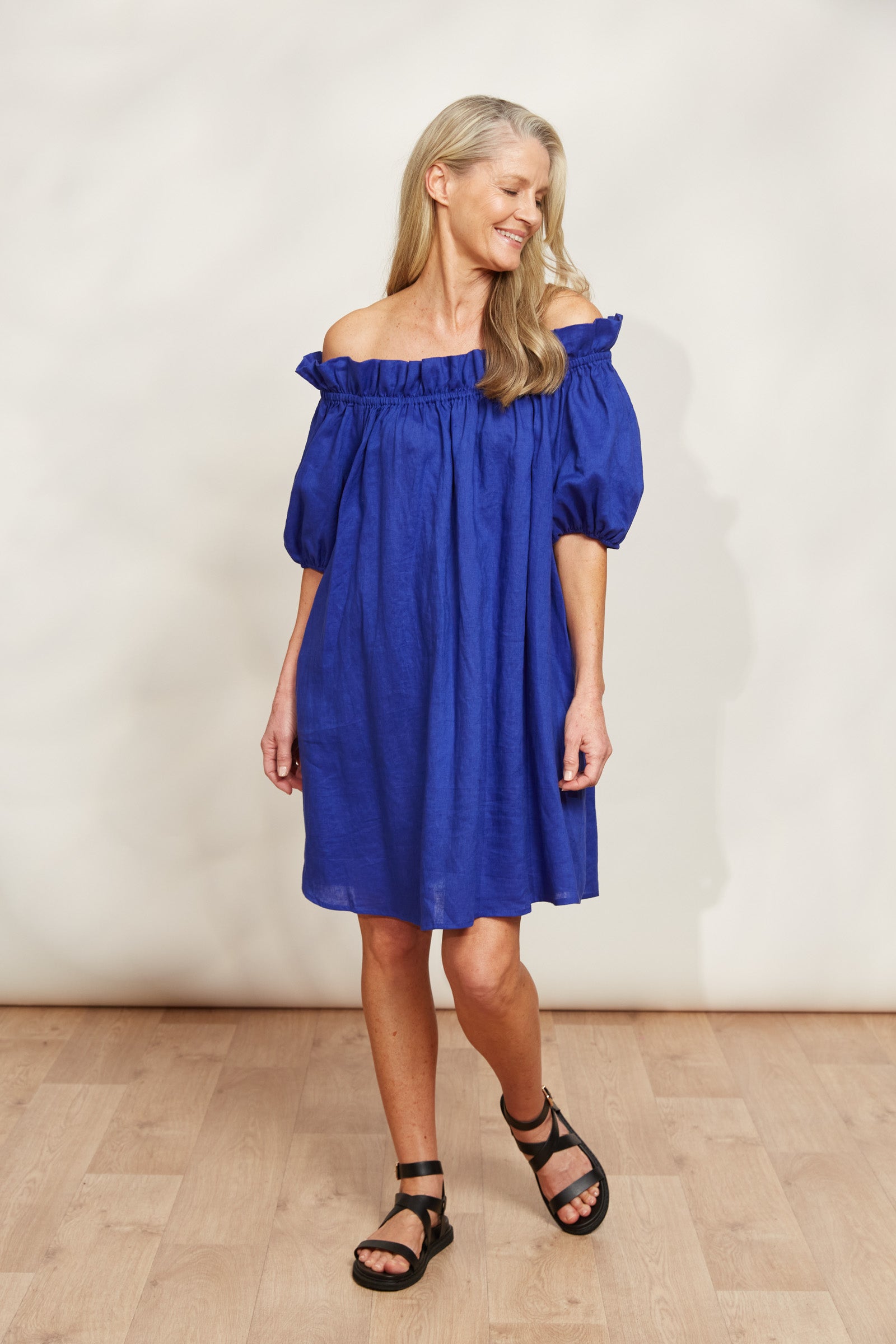 Halcyon Ruched Dress - Cobalt - eb&ive Clothing - Dress Mid Linen