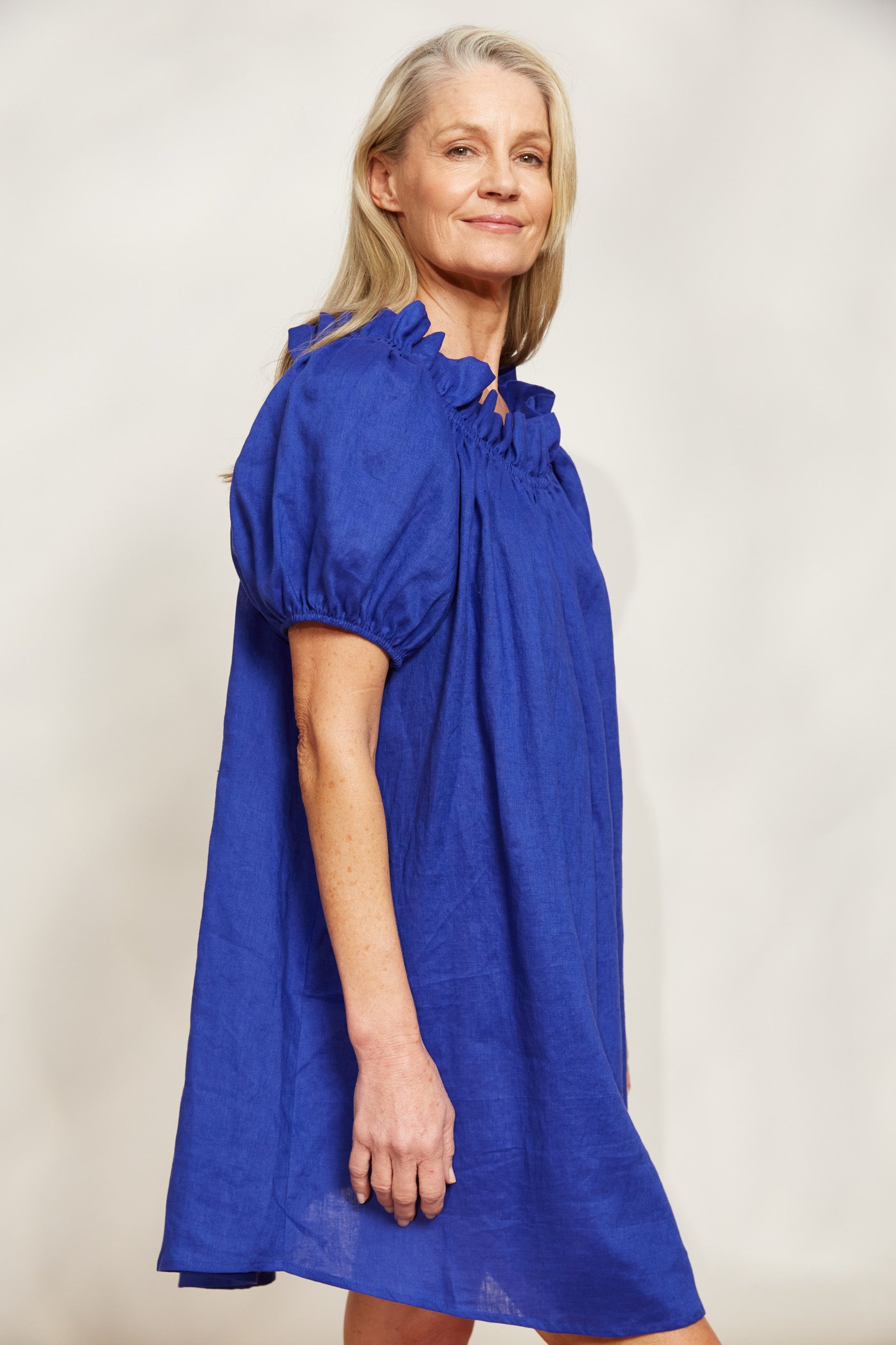 Halcyon Ruched Dress - Cobalt - eb&ive Clothing - Dress Mid Linen