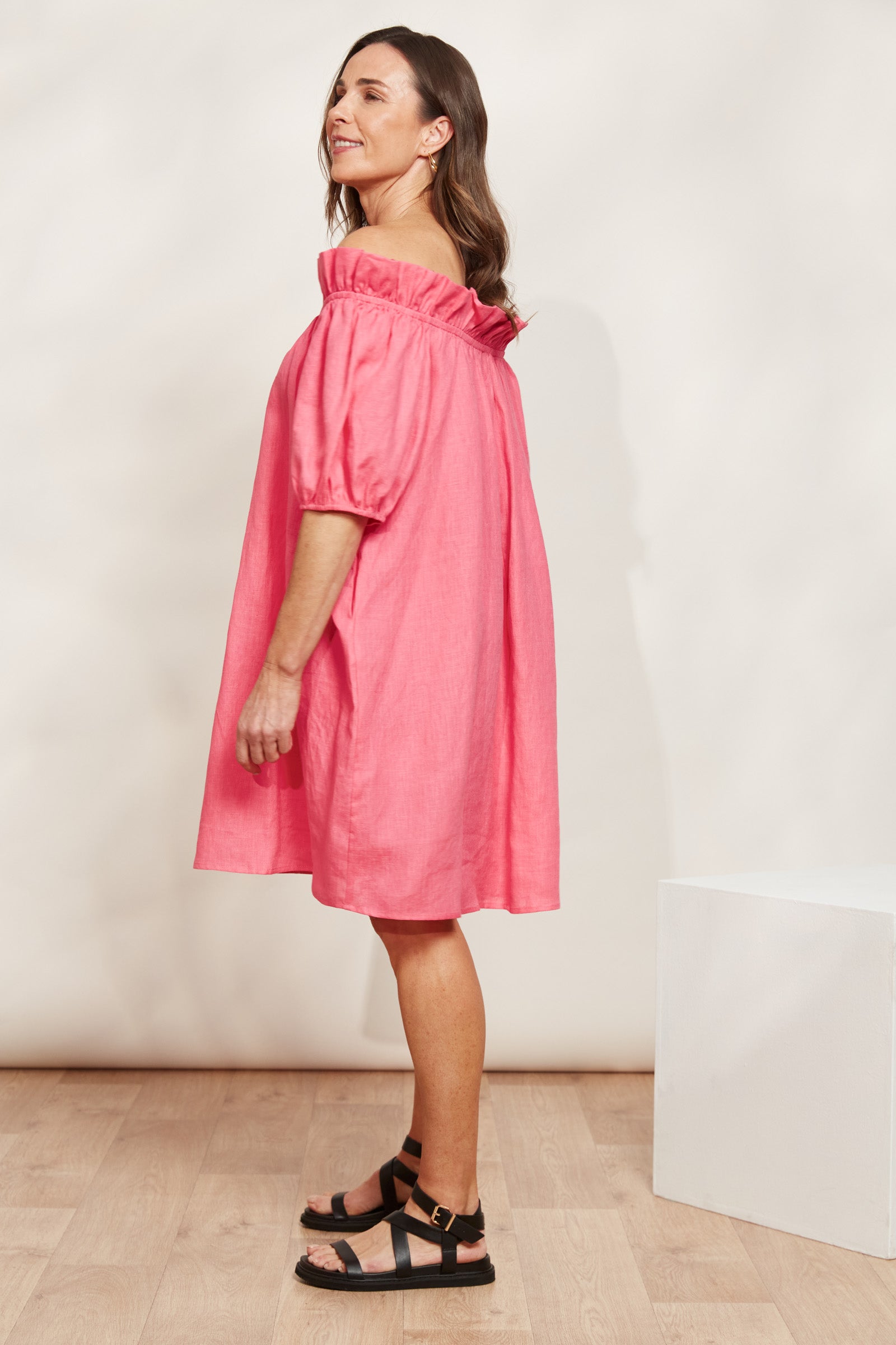 Halcyon Ruched Dress - Musk - eb&ive Clothing - Dress Mid Linen