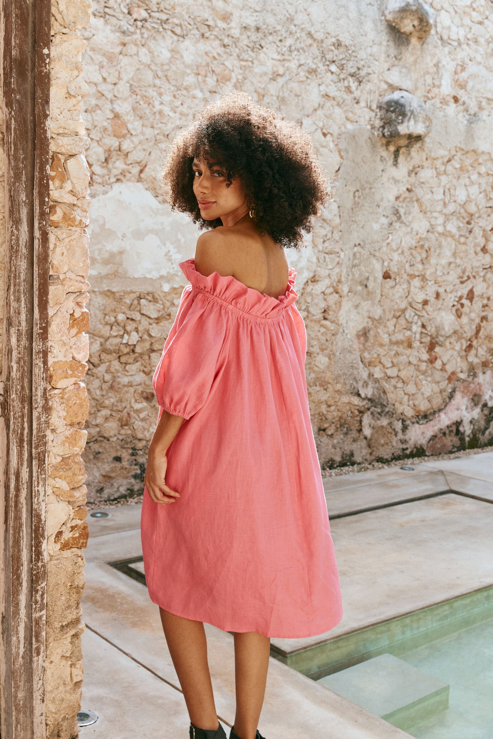 Halcyon Ruched Dress - Musk - eb&ive Clothing - Dress Mid Linen