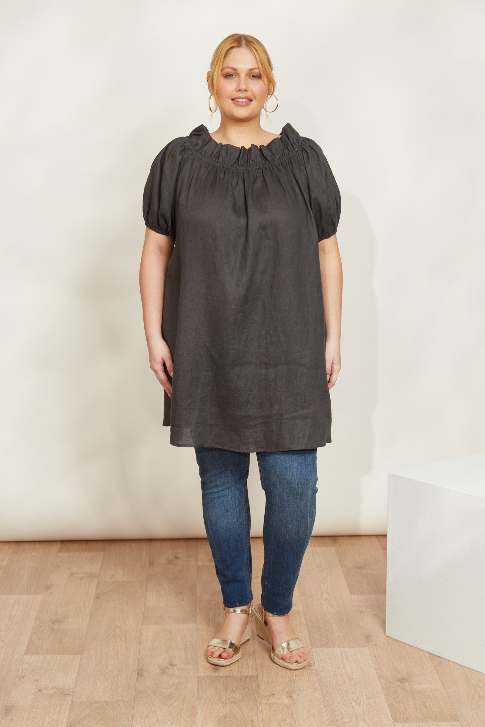 Halcyon Ruched Dress - Oyster - eb&ive Clothing - Dress Mid Linen