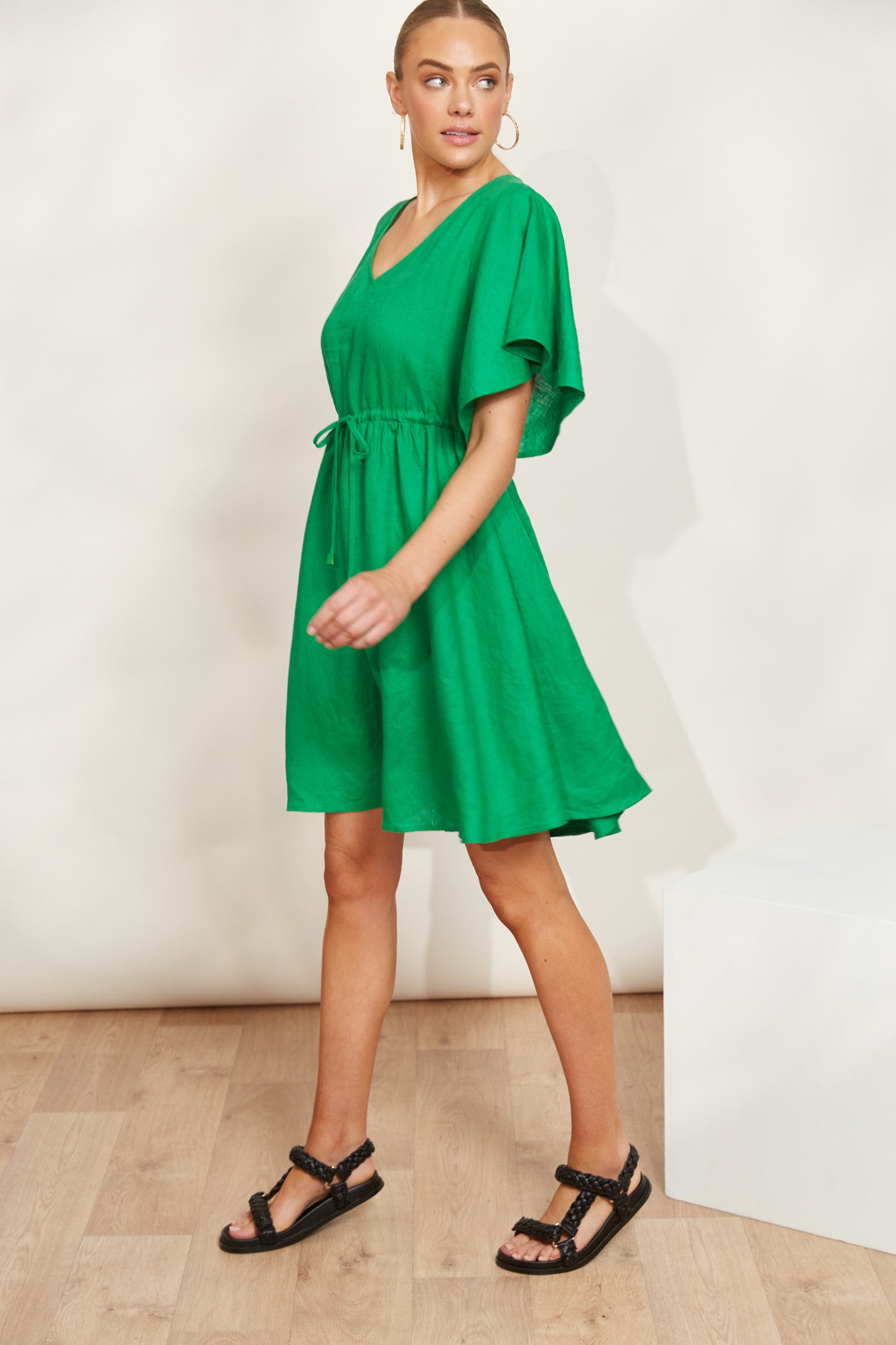 Halcyon Tie Dress - Emerald - eb&ive Clothing - Dress Mid Linen