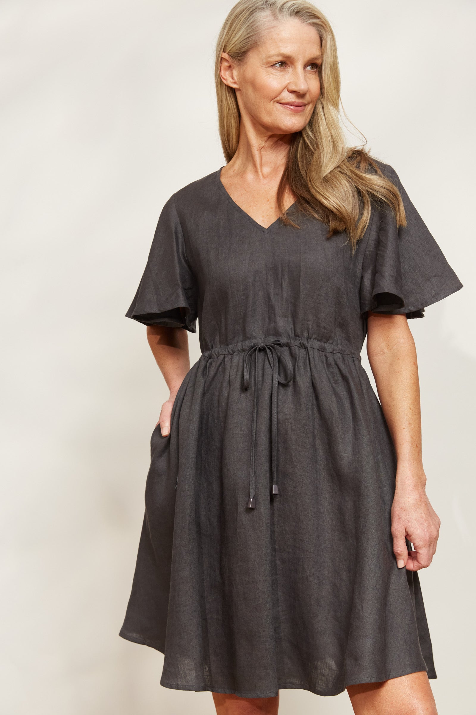 Halcyon Tie Dress - Oyster - eb&ive Clothing - Dress Mid Linen