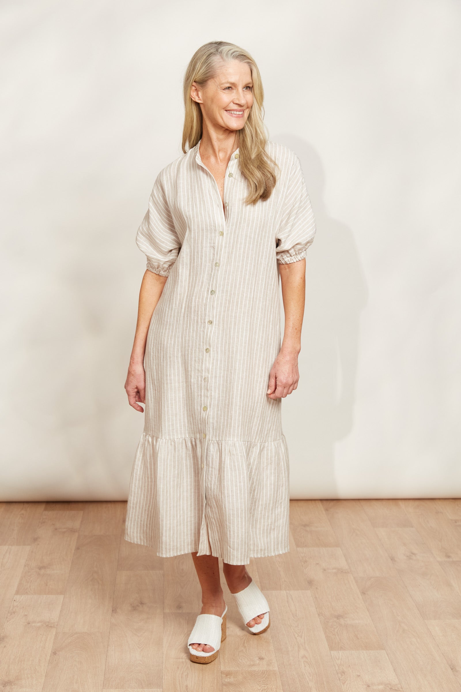 Sojourn Stripe Dress - Dune - eb&ive Clothing - Dress Maxi Linen