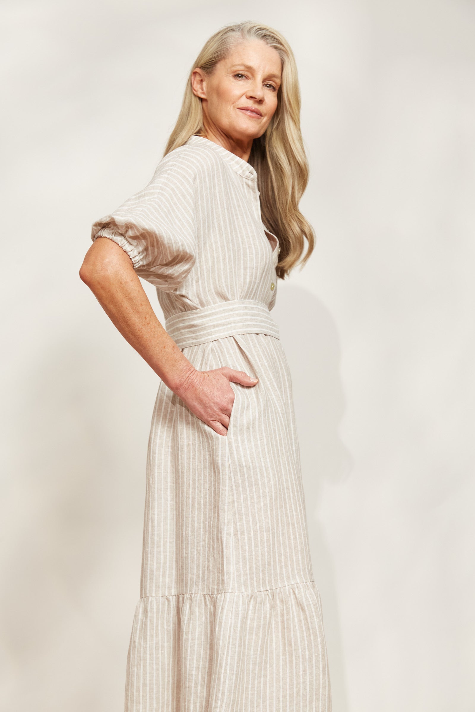 Sojourn Stripe Dress - Dune - eb&ive Clothing - Dress Maxi Linen