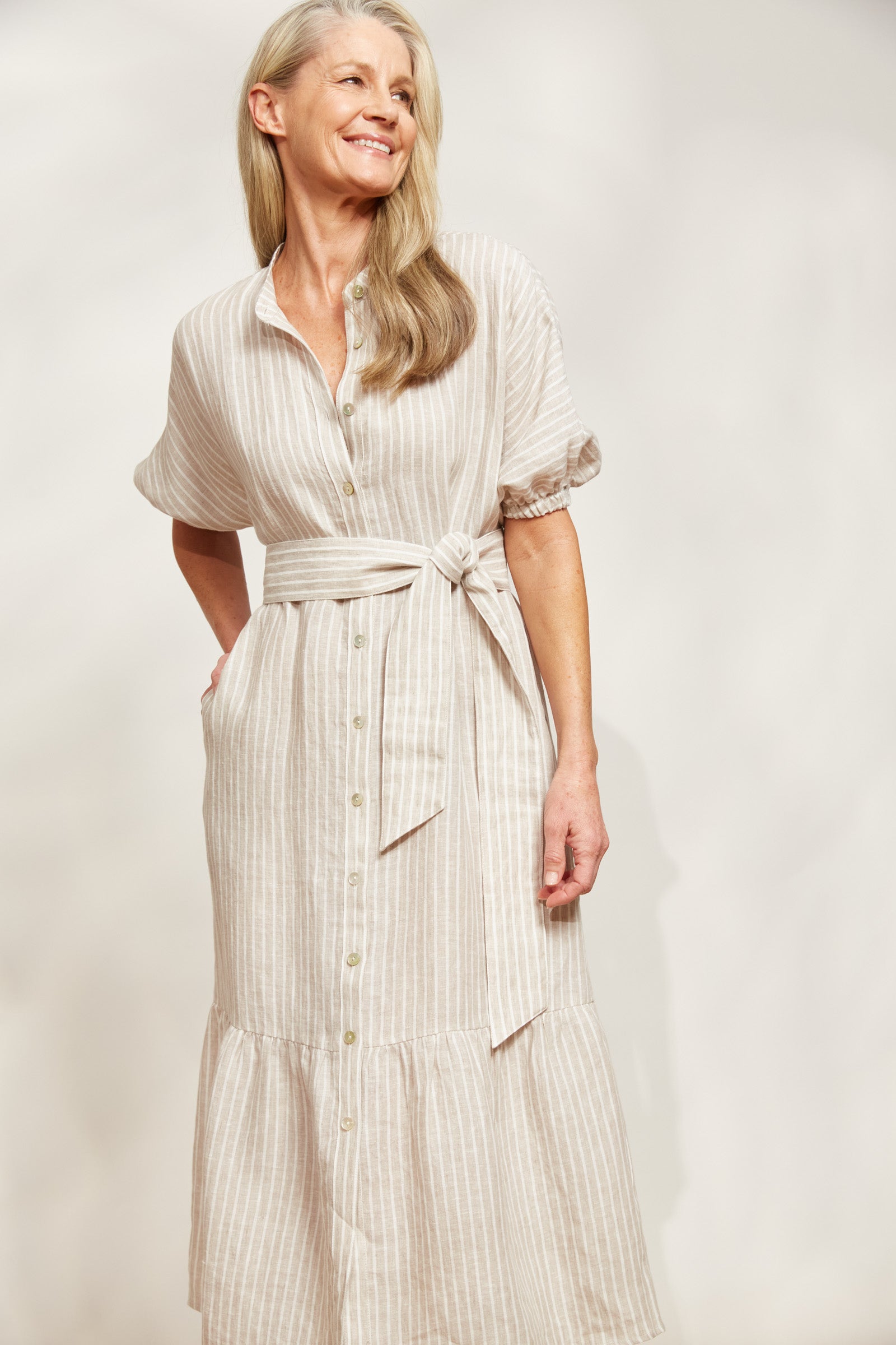 Sojourn Stripe Dress - Dune - eb&ive Clothing - Dress Maxi Linen