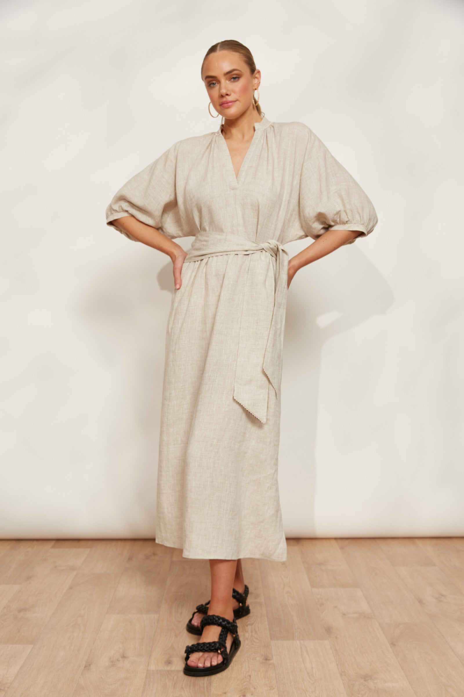 Seraphic Tie Dress - Dune - eb&ive Clothing - Dress Mid Linen