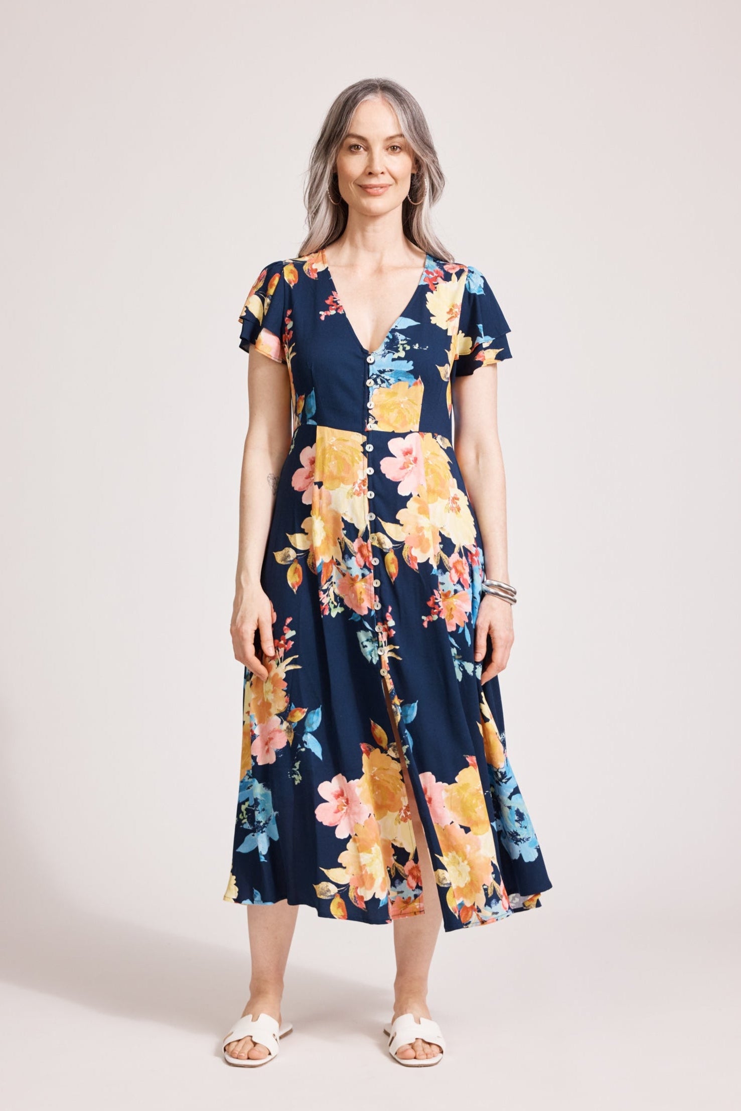 Parisio Button Midi Dress - Indigo Bloom
