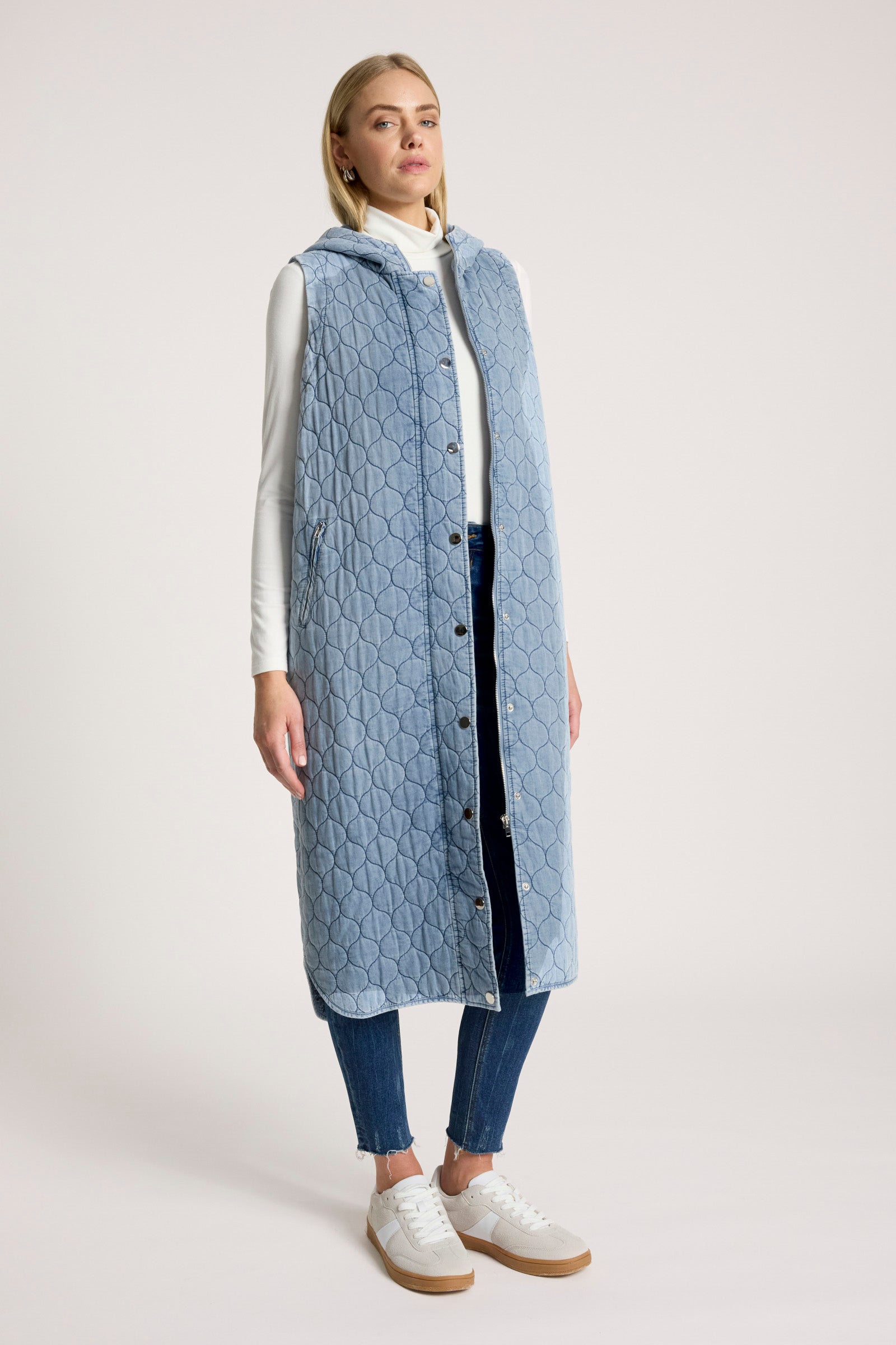 Sansi Quilted Long Vest - Denim