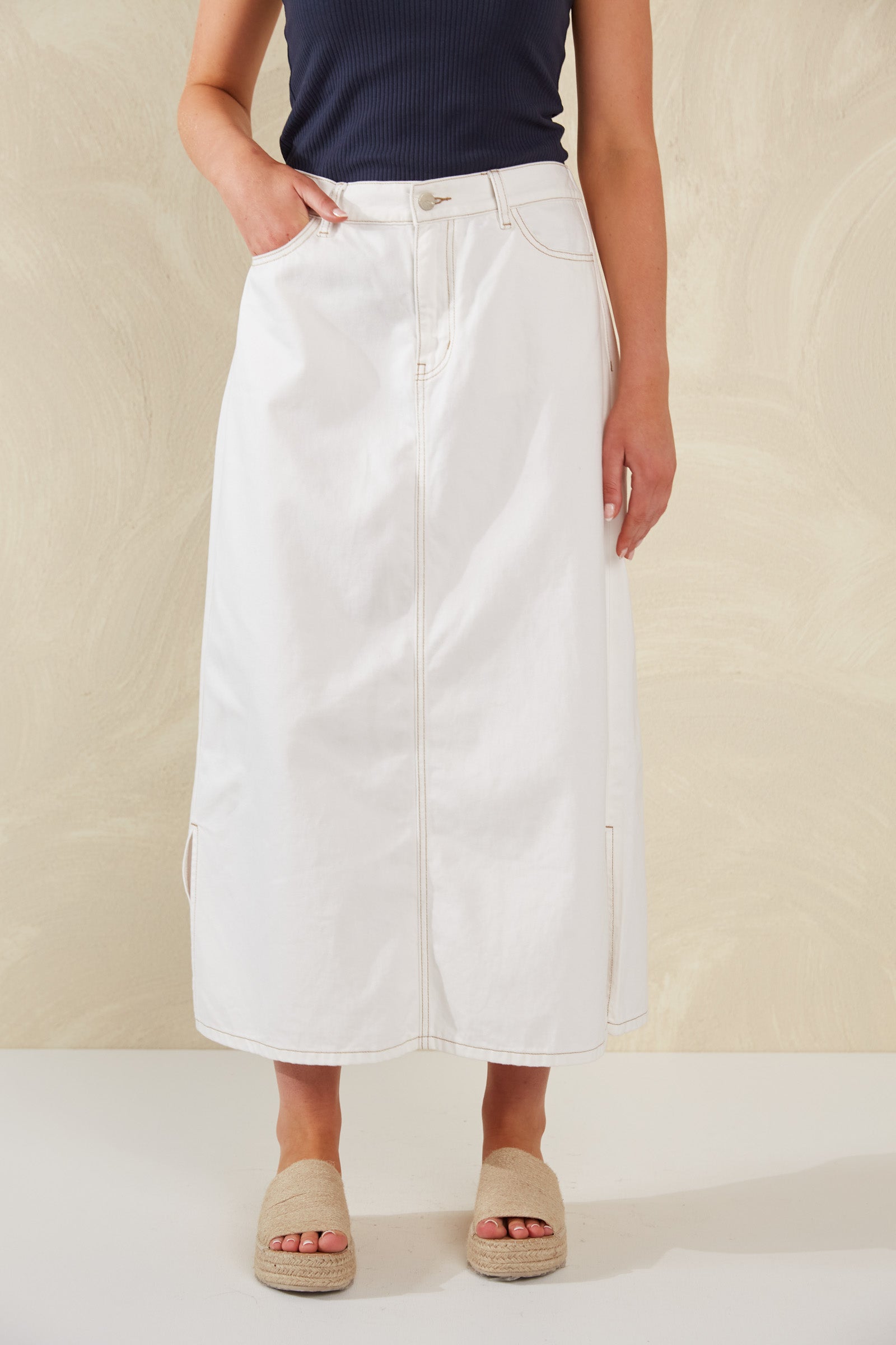 Dalton Denim Skirt - White - eb&ive Clothing - Denim Skirt Mid