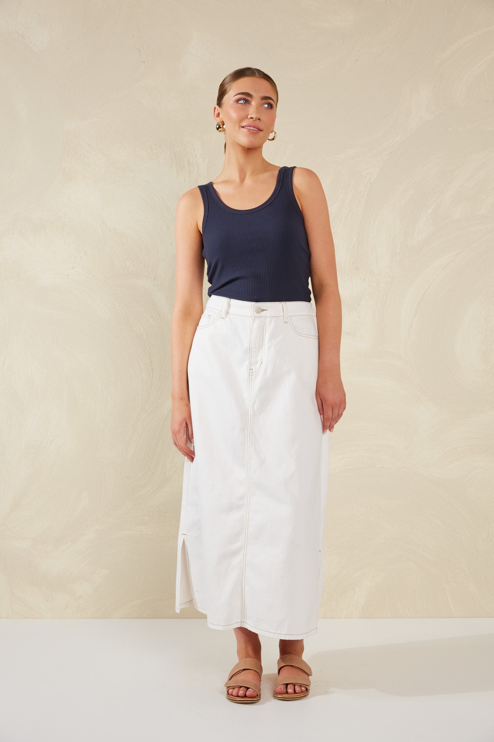 Dalton Denim Skirt - White - eb&ive Clothing - Denim Skirt Mid